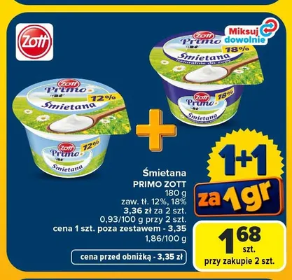 Śmietana Primo Zott 18% promocja w Carrefour Market