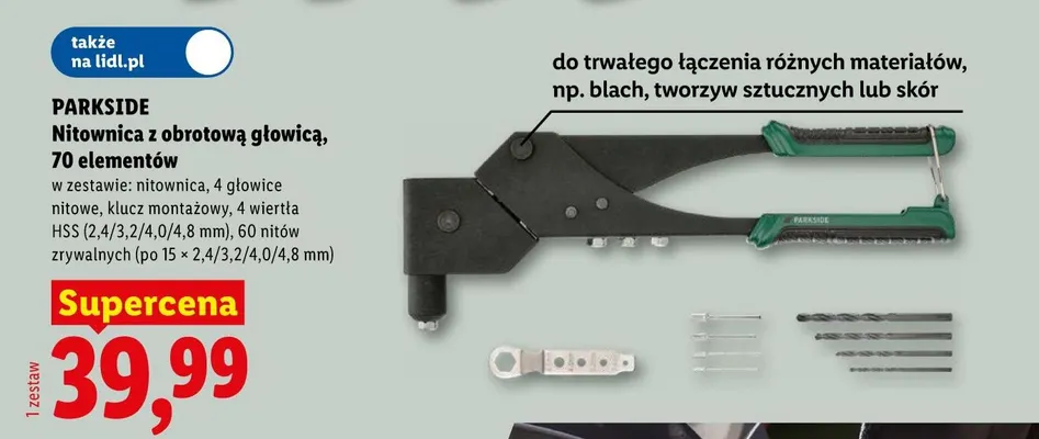 Nitownica z obrotową głowicą 70 elementów Parkside promocja w Lidl