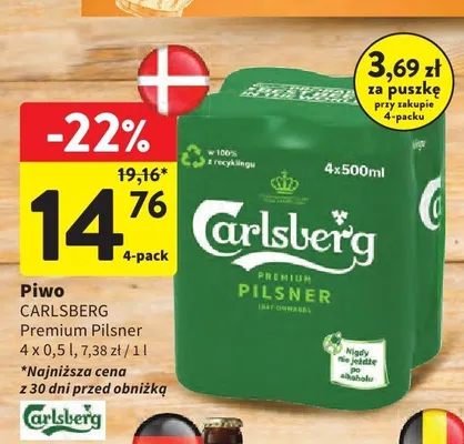 Piwo Carlsberg Premium Pilsner 4-pak promocja w Intermarche