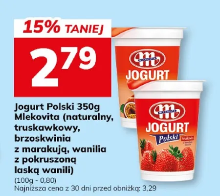Jogurt Polski naturalny, truskawkowy, brzoskwinia z marakują, wanilia z pokruszoną luską wanilii Mlekovita promocja w Hitpol