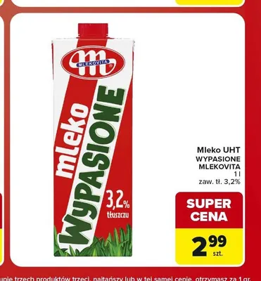 Mleko UHT Wypasione Mlekovita 3,2% promocja w Carrefour Market