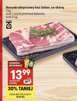 Boczek wieprzowy bez żeber ze skórą promocja w Delikatesy Centrum