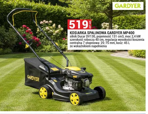Kosiarka spalinowa GARDYER MP400 silnik Ducar DV130 pojemność 131 cm3 moc 2,4kW szerokość robocza 40cm regulacja wysokości koszenia centralna 7 stopniowa 25-75mm kosz 45l ze wskaźnikiem napełnienia promocja w Merkury Market