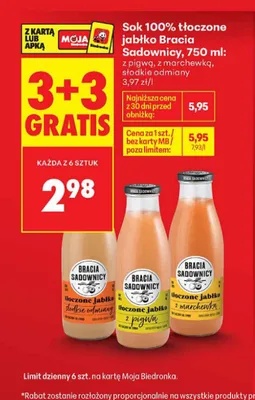Sok tłoczony jabłko Bracia Sadownicy z pigwą 100% promocja w Biedronka