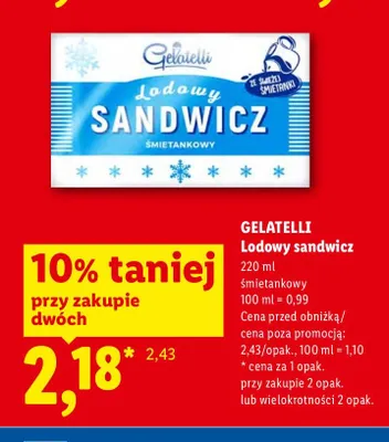 Lody sandwicz śmietankowy Gelatelli promocja w Lidl