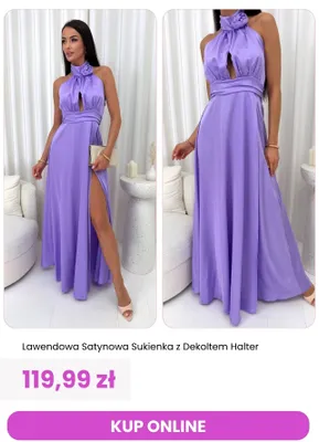 Sukienka satynowa lawendowa z dekoltem halter ModnaKiecka.pl promocja w Modna Kiecka