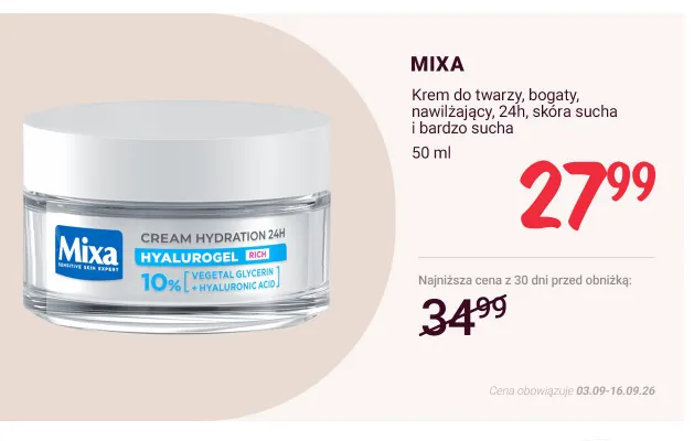 Krem do twarzy bogaty nawilżający 24h skóra sucha i bardzo sucha Mixa promocja w Rossmann