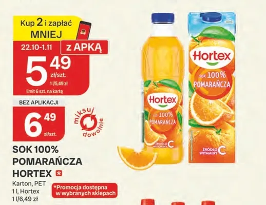 Sok pomarańcza Hortex karton 100% promocja w Chorten