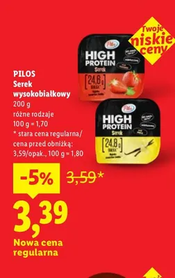 Serek wysokobiałkowy truskawkowy Pilos High Protein promocja w Lidl