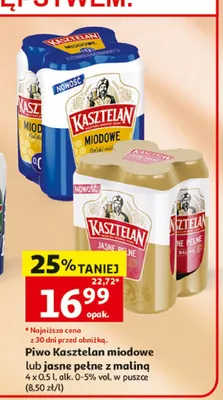 Piwo smakowe Kasztelan Miodowe 4-pak 500 ml promocja w Auchan