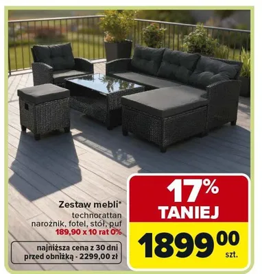 Zestaw mebli technorattan narożnik, fotel, stół, puf promocja w Carrefour