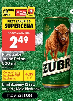 Piwo Żubr Jasne Pełne promocja w Biedronka