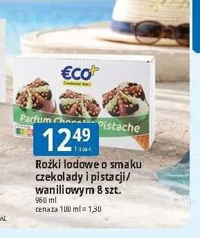 Rożki lodowe o smaku czekolady i pistacji Eco+ 8-pak promocja w Leclerc