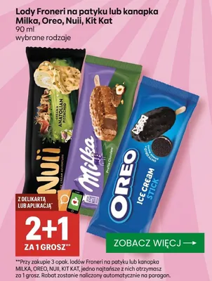 Lody Froneri na patyku lub kanapka Milka promocja w Delikatesy Centrum