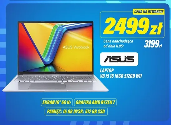 Laptop Asus Vivobook VB I5 16 16GB 512GB W11 promocja w RTV EURO AGD