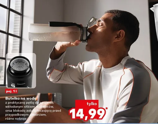 Butelka na wodę z praktyczną pętlą do przenoszenia, wkładanym sitkiem na owoców, oraz blokadą zabezpieczającą przed przypadkowym otwarciem, różne rodzaje promocja w Kaufland