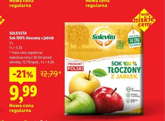 Sok 100% tłoczony z jabłek Solevita promocja w Lidl