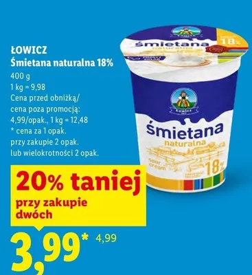 Śmietana naturalna 18% Łowicz promocja w Lidl