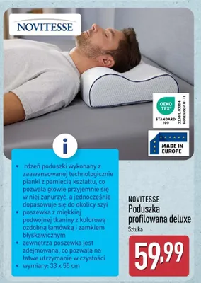 Poduszka profilowana deluxe Novitesse 33x55cm z pianką z pamięcią kształtu promocja w Aldi