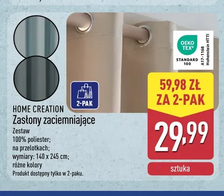 Zasłony zaciemniające 2-pak 140x245 cm Home Creation promocja w Aldi