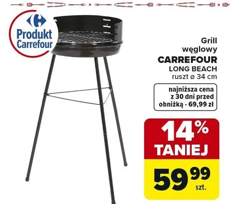 Grill węglowy Long Beach ruszt ø 34 cm promocja w Carrefour