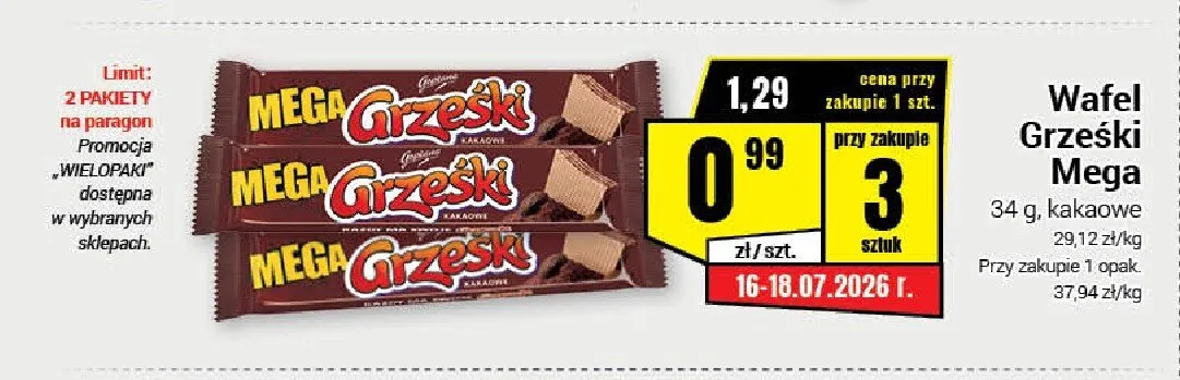 Wafel Grześki Mega kakaowe promocja w Premium Nasz Sklep