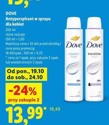 Antyperspirant w sprayu dla kobiet Dove Invisible Fresh promocja w Lidl