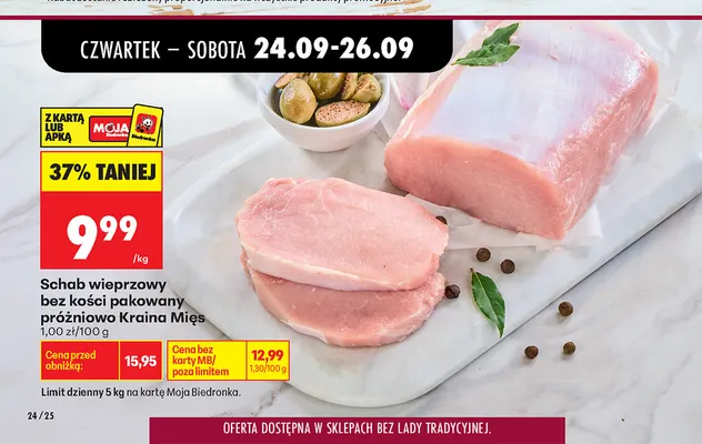 Schab wieprzowy bez kości pakowany próżniowo Kraina Mięs promocja w Biedronka