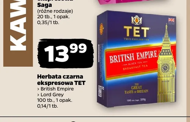 Herbata czarna ekspresowa TET British Empire promocja w Netto