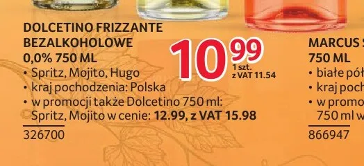 Wino bezalkoholowe Dolcetino Frizzante Hugo promocja w Selgros