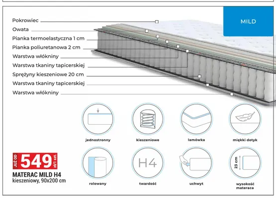Materac kieszeniowy Mild H4 90x200 cm promocja w Merkury Market