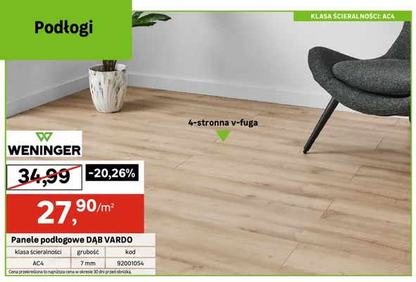 Panele podłogowe WENINGER DĄB VARDO 4-stronna v-fuga AC4 7mm promocja w Leroy Merlin