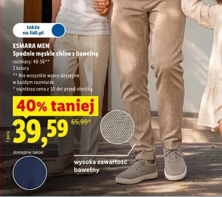 Spodnie męskie chino z bawełną Esmara Men rozmiary 48-56 promocja w Lidl