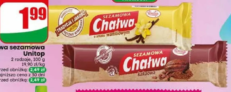 Chałwa sezamowa Unitop kakaowa promocja w Dino