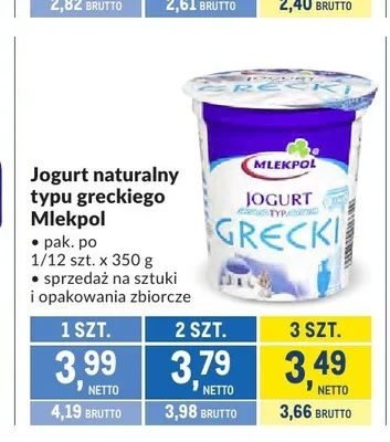 Jogurt naturalny typu greckiego Mlekpol promocja w Makro