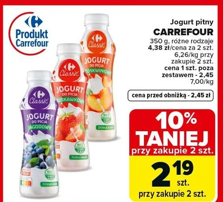 Jogurt pitny truskawkowy Carrefour Classic promocja w Carrefour Market