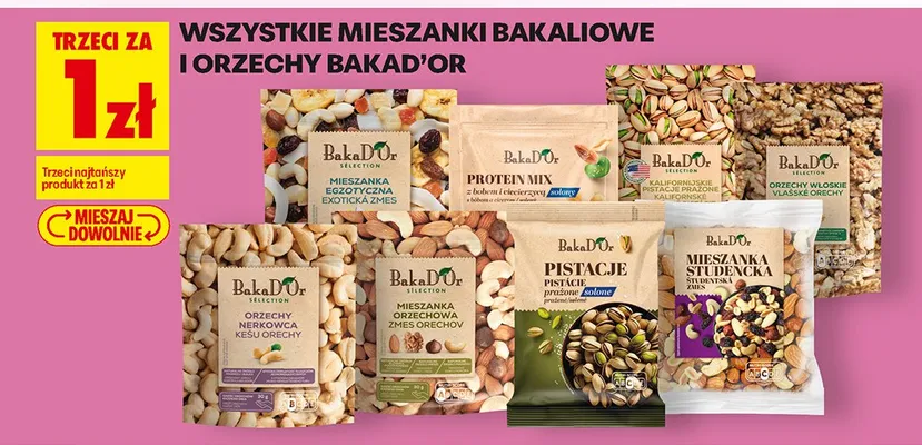 Wszystkie mieszanki bakaliowe i orzechy Baka D'or TRZECIE ZA 1 ZŁ promocja w Biedronka