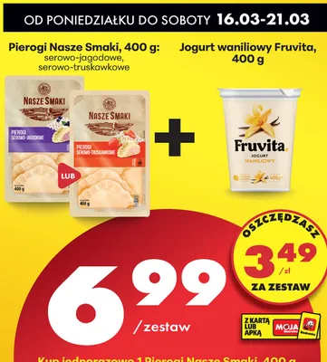 Pierogi serowo-jagodowe lub serowo-truskawkowe + Jogurt waniliowy  promocja w Biedronka