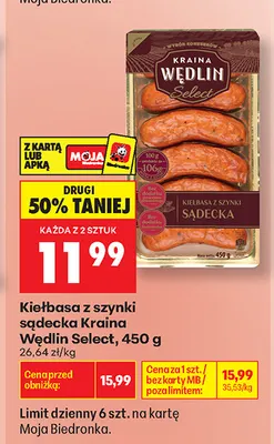 Kiełbasa z szynki sądecka Kraina Wędlin Select promocja w Biedronka