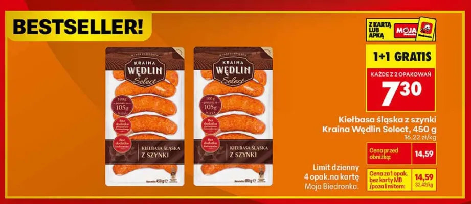 Kiełbasa śląska z szynki Kraina Wędlin Select 450g promocja w Biedronka
