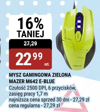 Mysz gamingowa zielona MAZER M642 E-BLUE Czułość 2500 DPI, 6 przycisków, zasięg pracy 1,7m promocja w bi1