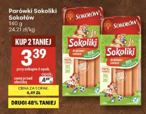 Parówki Sokoliki Sokołów drobiowo-cielęce promocja w Delikatesy Centrum