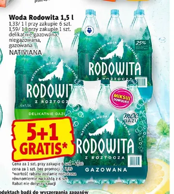 Woda niegazowana Rodowita 1,5 l promocja w Prim Market