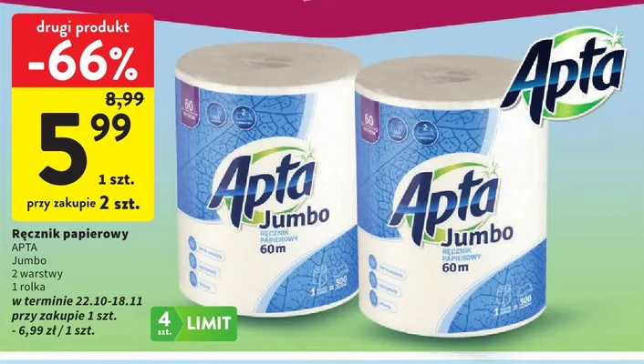 Ręcznik papierowy Jumbo 2 warstwy Apta promocja w Intermarche