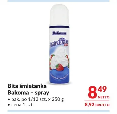 Bita śmietanka Bakoma spray promocja w Makro