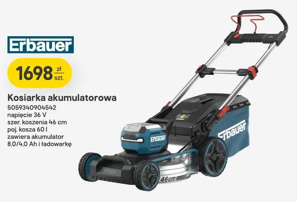 Kosiarka akumulatorowa Erbauer napięcie 36V szer. koszenia 46cm poj. kosza 60l zawiera akumulator 8,0/4,0Ah i ładowarkę promocja w Castorama