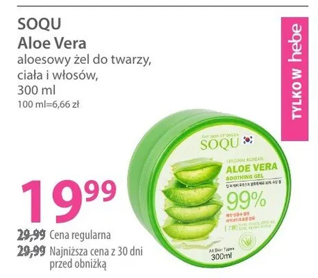 Żel aloesowy SOQU Aloe Vera aloesowy żel do twarzy, ciała i włosów promocja w Hebe