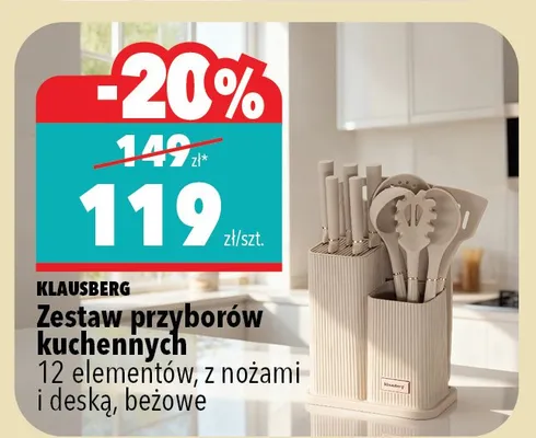 Zestaw przyborów kuchennych 12 elementów, z nożami i deską, beżowe promocja w Biedronka Home