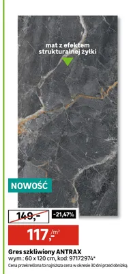 Gres szkliwiony ANTRAX mat z efektem strukturalnej żyłki 60x120cm promocja w Leroy Merlin