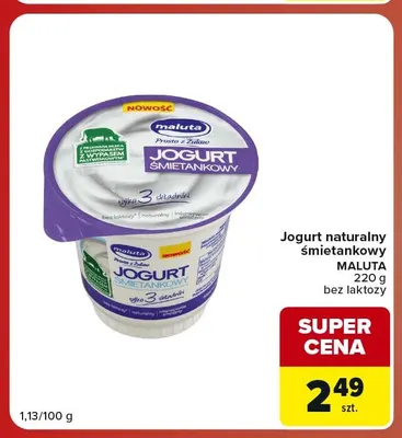 Jogurt naturalny śmietankowy Maluta bez laktozy promocja w Carrefour Market